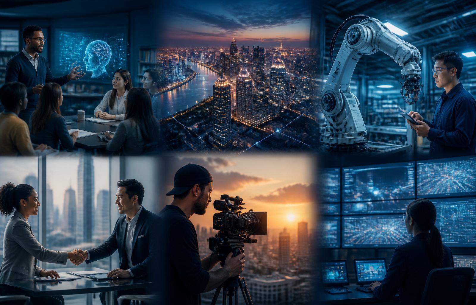 A cinematic six-vignette collage: an instructor teaching adult learners at a holographic AI lesson; a smart-city skyline at twilight with data overlays; a technician working alongside a robotic factory arm; two entrepreneurs shaking hands in a sunlit office; a content creator filming on a rooftop at golden hour; an operator monitoring a wall of live city dashboards.