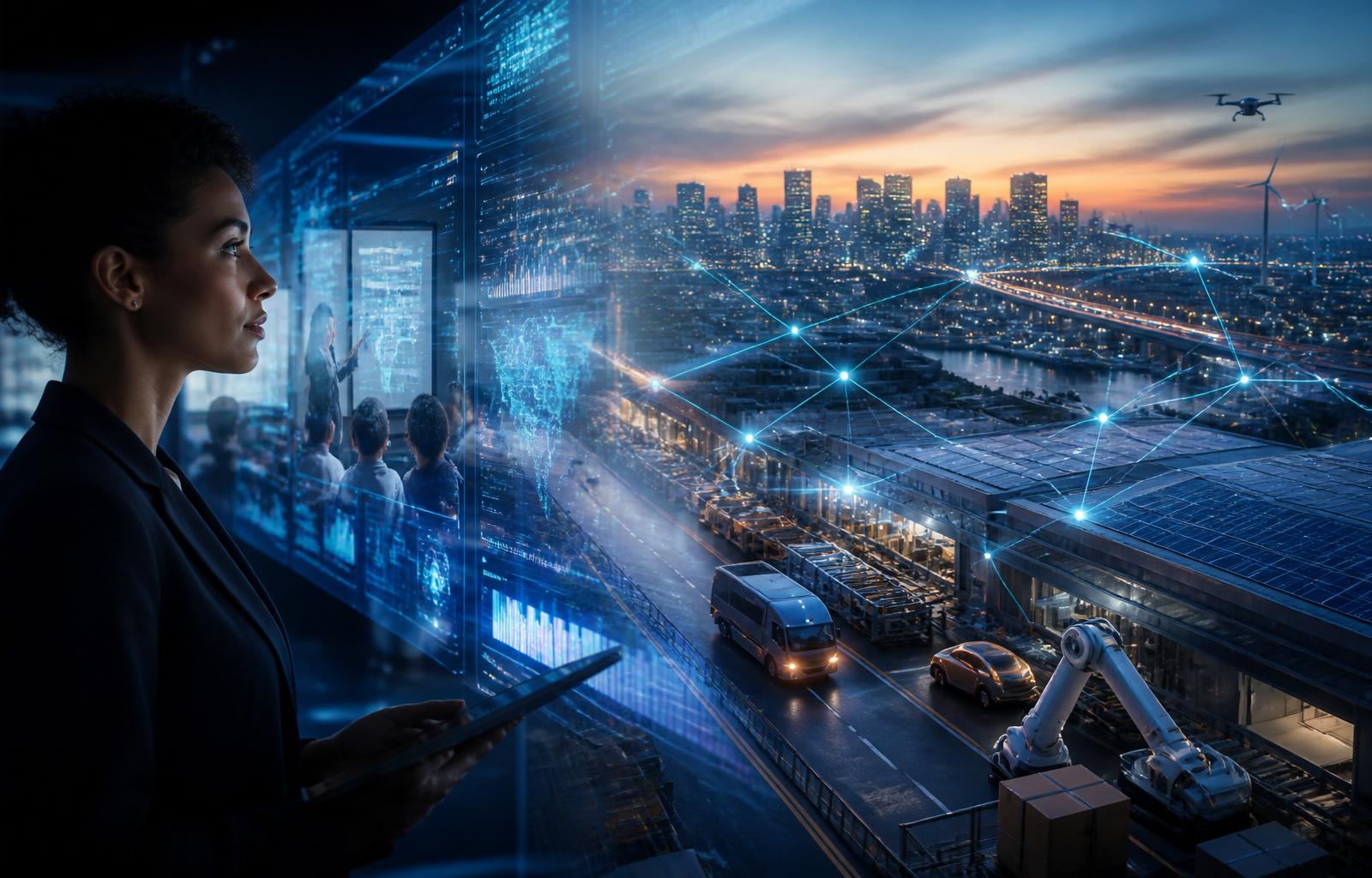 An executive of color studies a translucent holographic dashboard of city maps and live data, with a reflected classroom of students learning at an interactive AI lesson — overlooking an illuminated smart city, autonomous vehicles, and a robotic logistics arm at twilight.