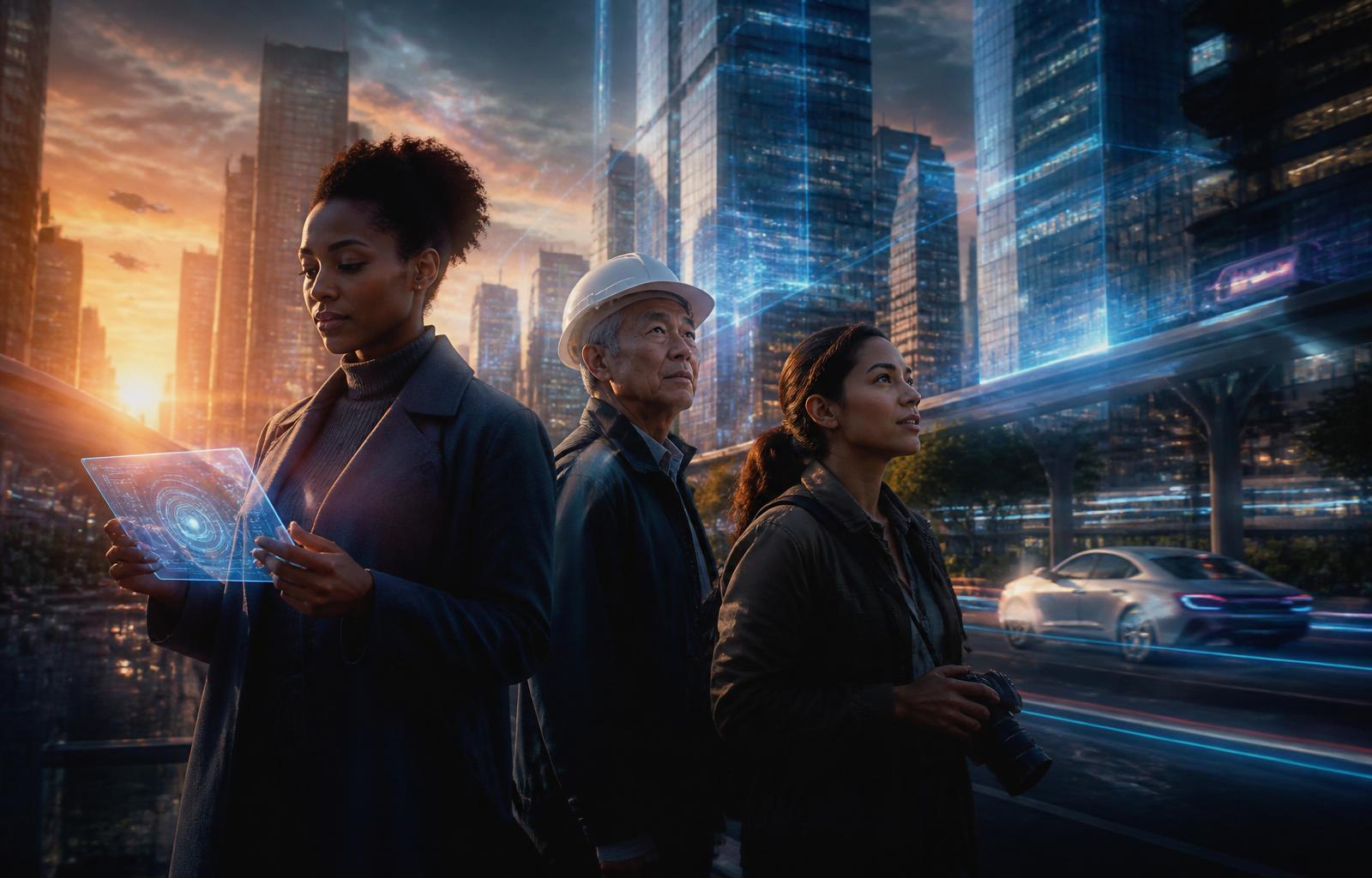 A diverse team of professionals — an entrepreneur reviewing a translucent AI device, an engineer in a hard hat, and a creator with a camera — standing before a futuristic smart-city skyline with holographic data pathways and autonomous vehicles at dusk.
